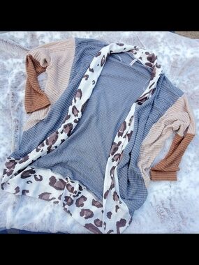 My Story Blue and Brown Colorblock Waffle Cardigan with Leopard Trim
